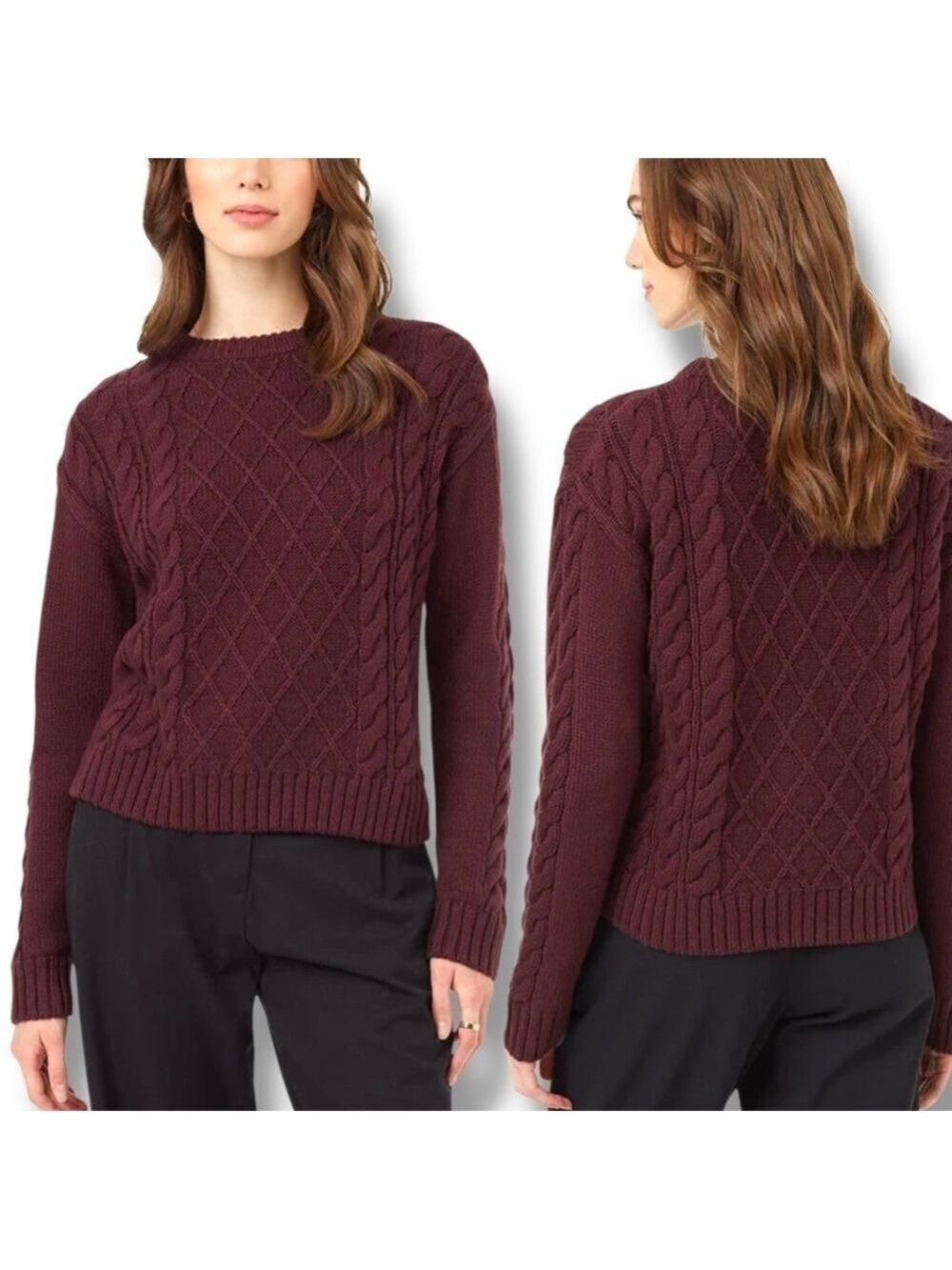 TEN TREE Organic Cotton Wool Poly Burgundy Cable Knit Long Sleeve Sweater Sz L